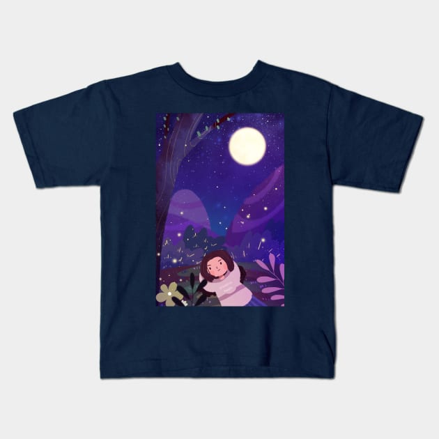 Night Summer Girl Kids T-Shirt by MariaStore